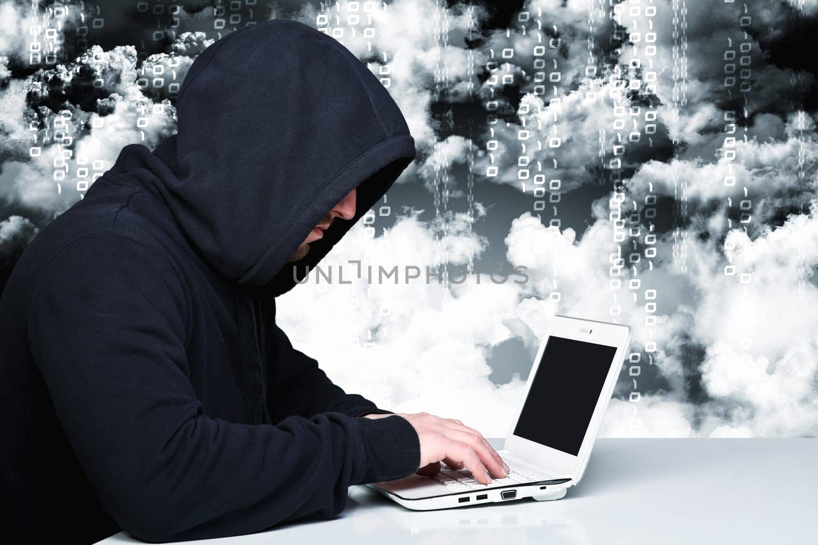portrait of hacker with binary code