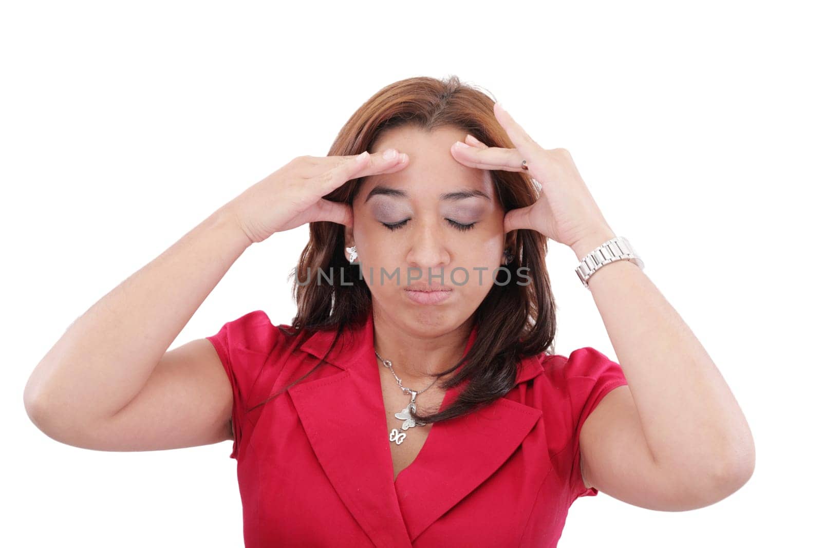 A young woman with a headache holding head, isolated on white background