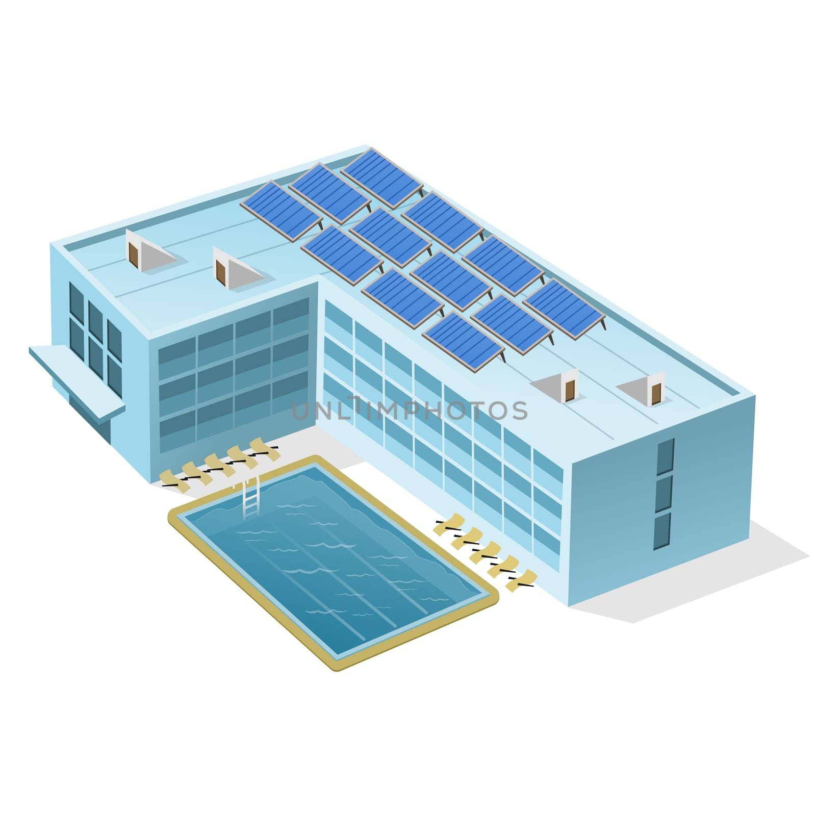 Illustration of building with pool full of blue water
