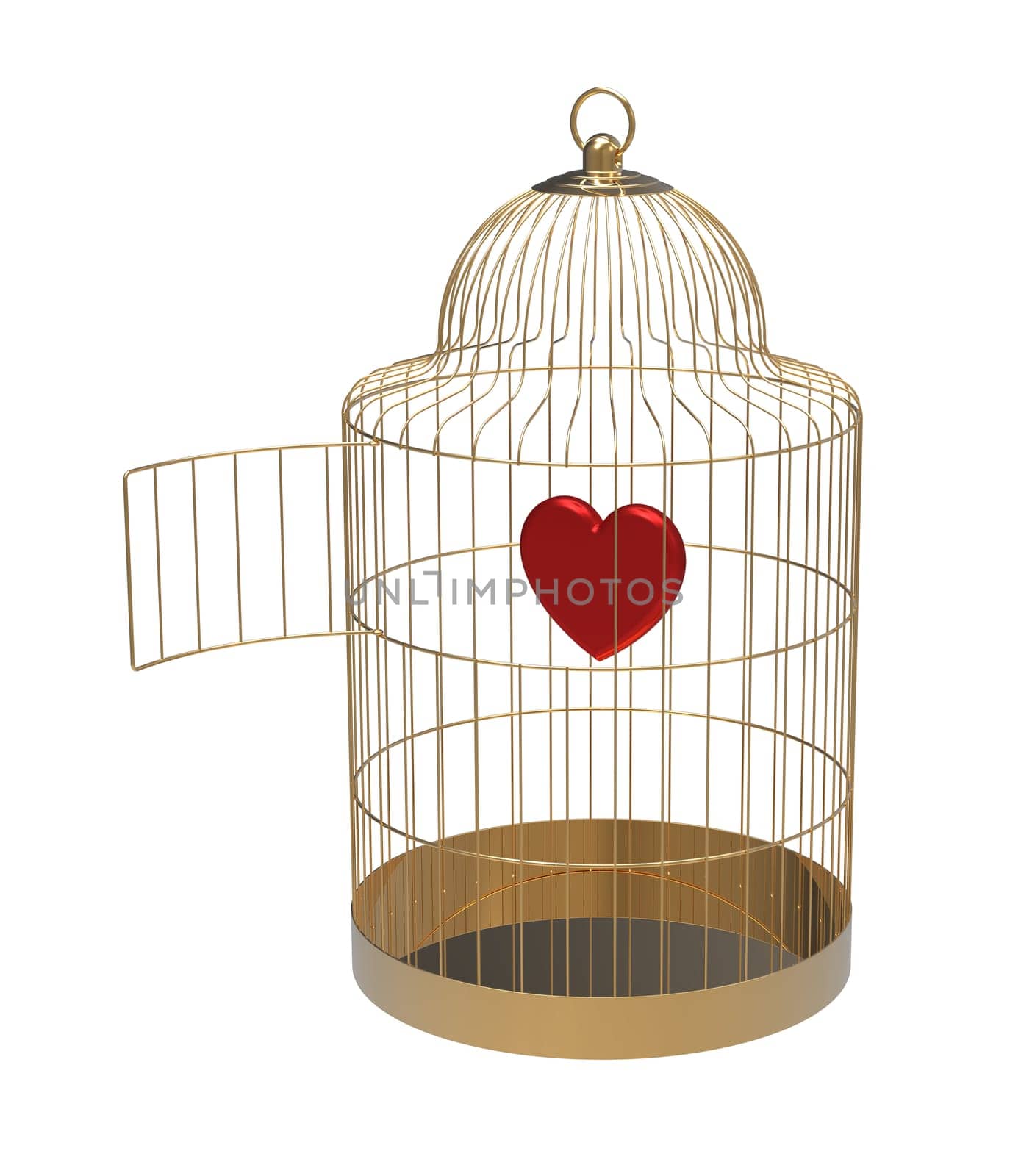 Bird cage with heart, isolated on white, 3d render