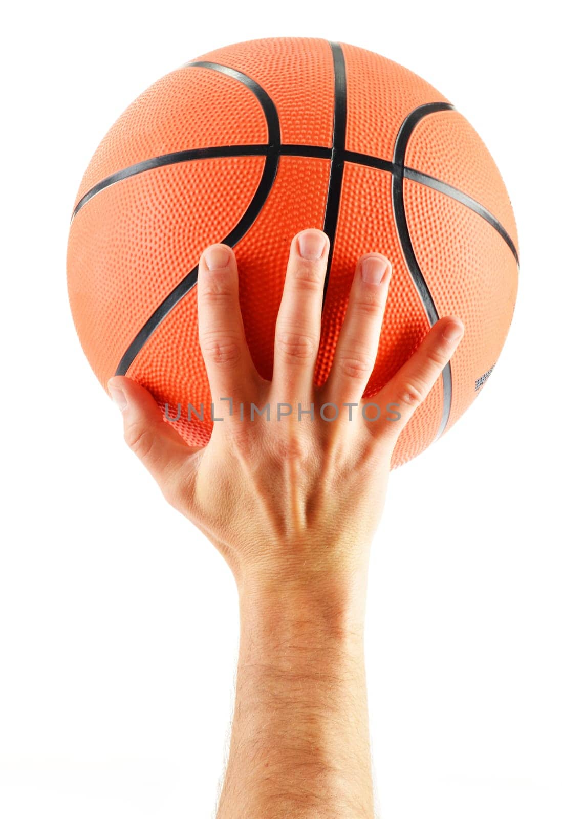 Hand and basketball isolated on white background