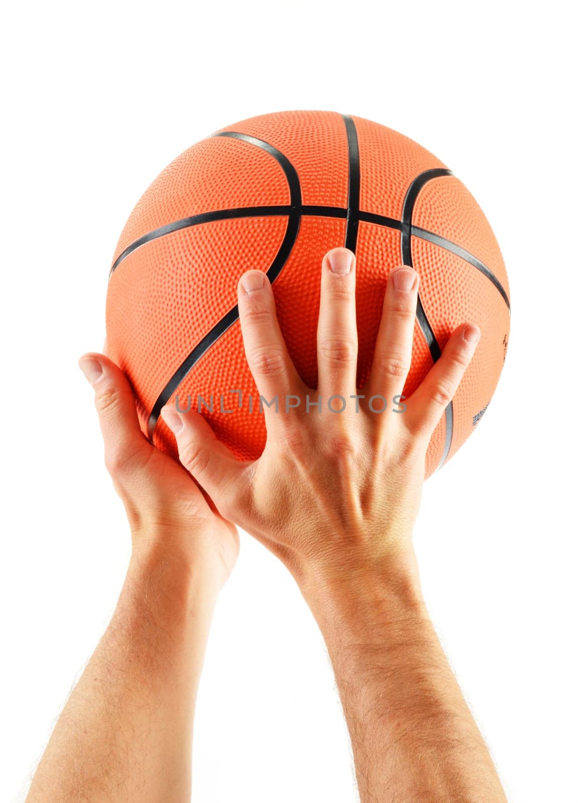 Hands and basketball isolated on white background