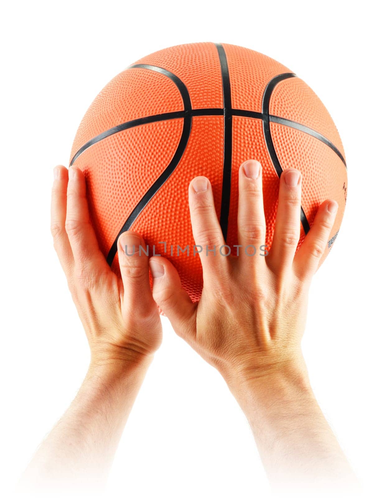 Hands and basketball isolated on white background