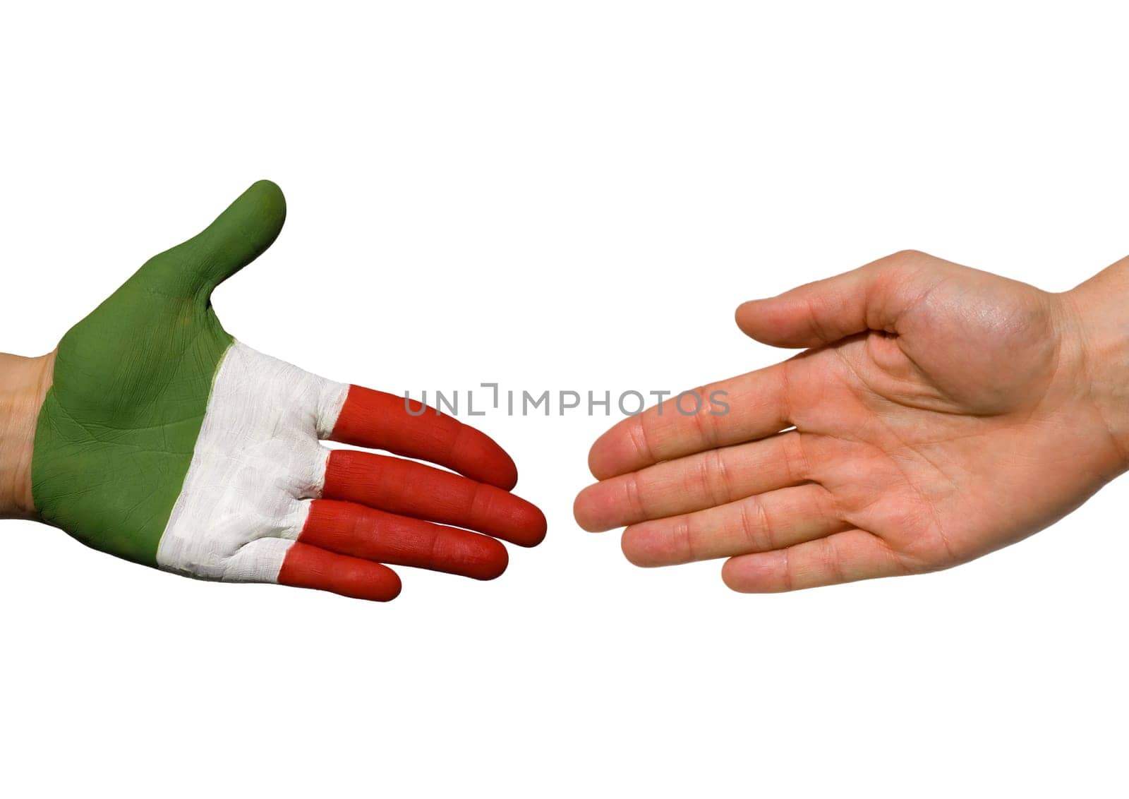 two hands, one in the colors of italy and one with copyspace, both isolated