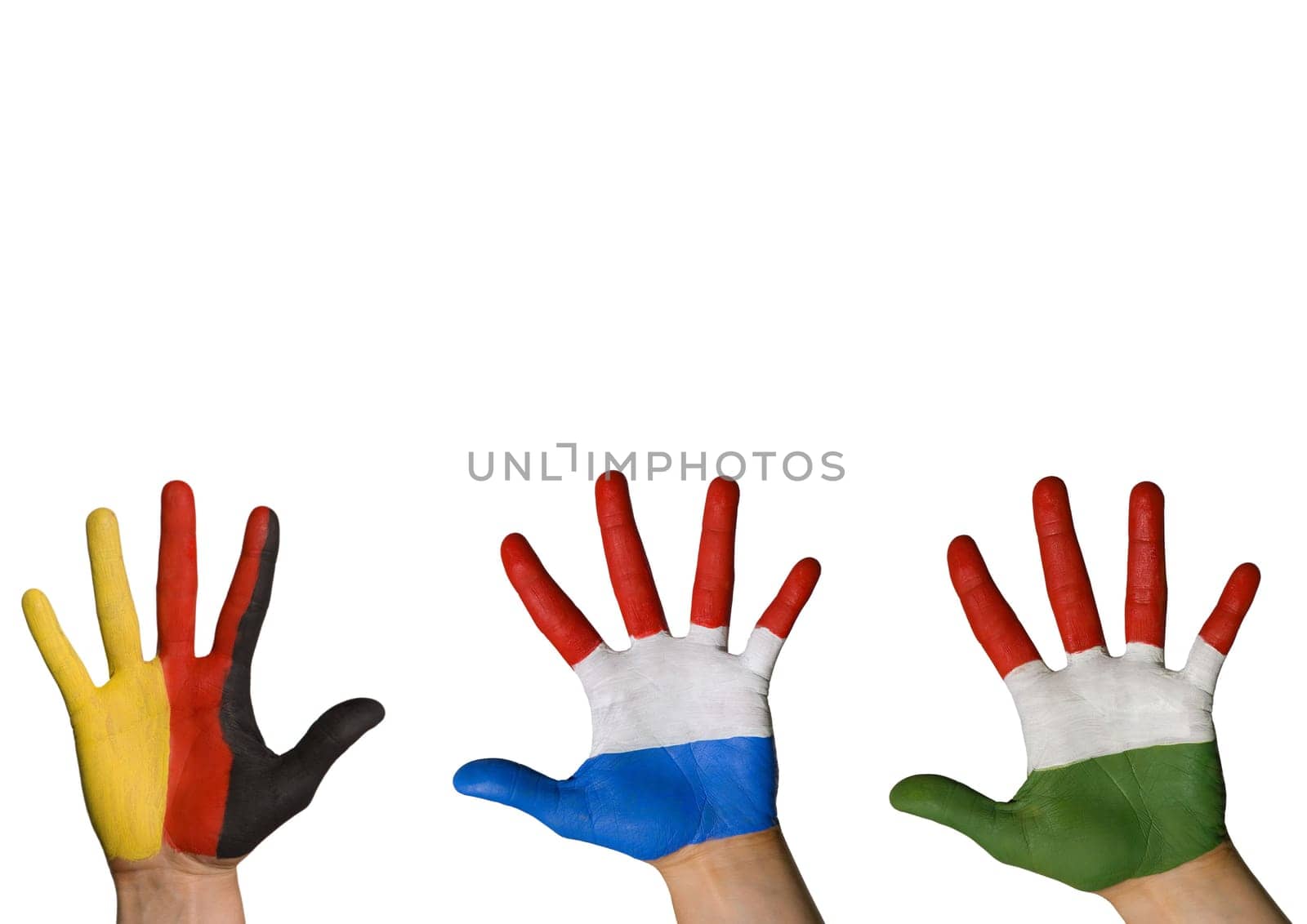 three hands in different colors waving, isolated