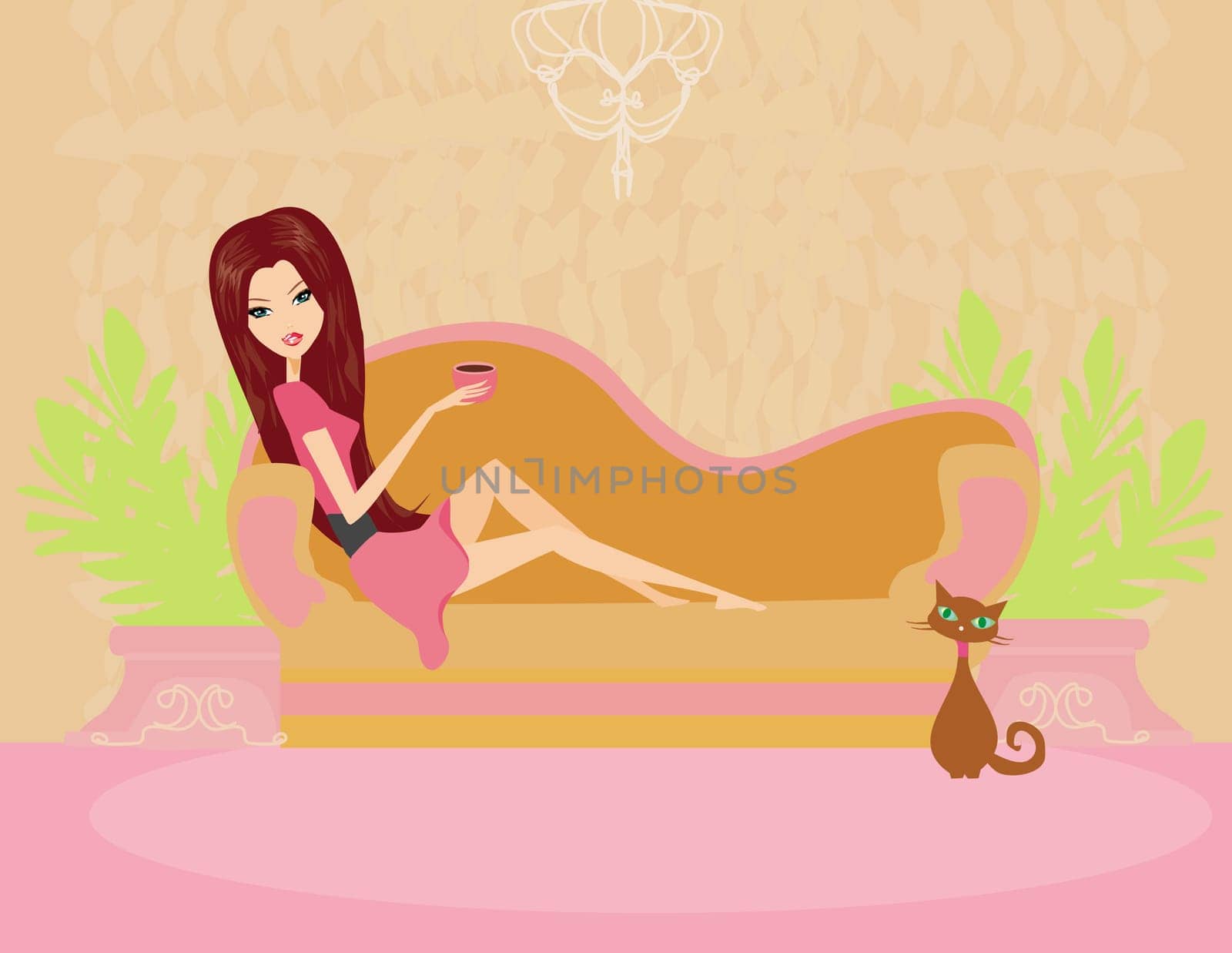 girl on coffee break with her cat