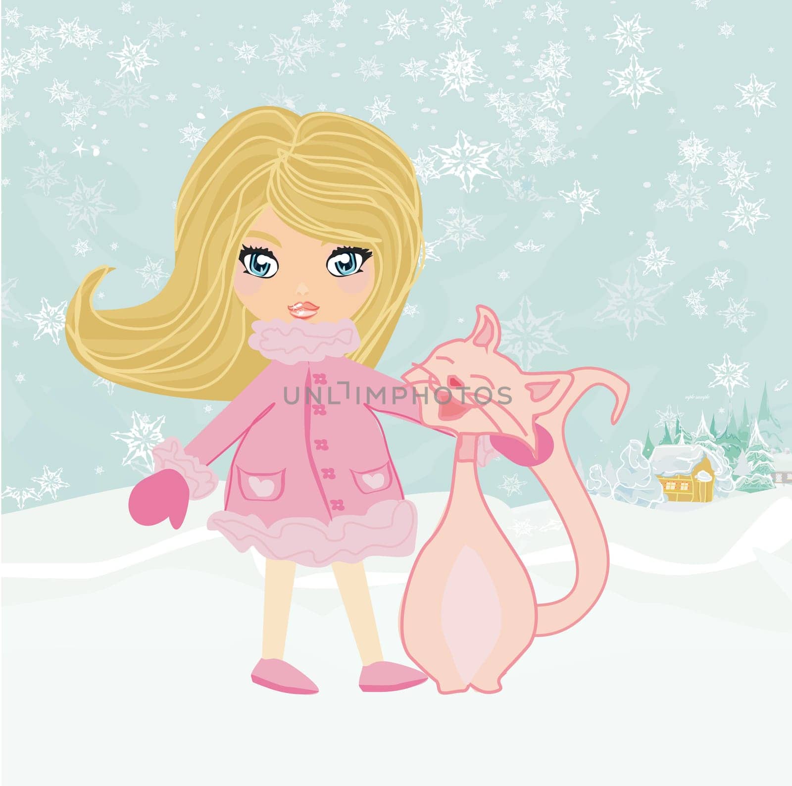 winter girl and her cat