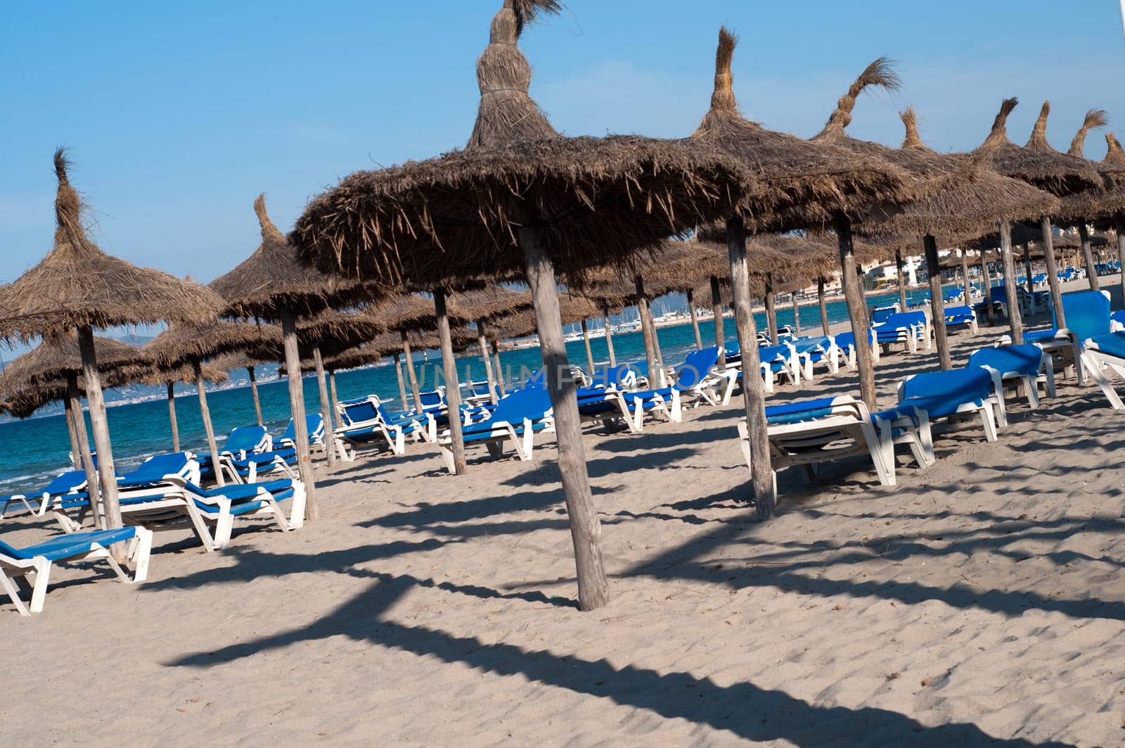 Many chaise longes and parasols on the beach