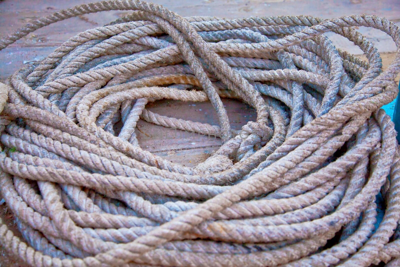 Dwarka Roadtrip. Landscape of a coiled shipping rope used at moorings and anchor. Generic shot location, Bet Dwarka, Gujarat, India