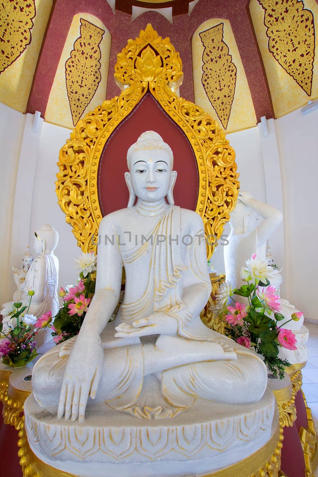 Burmese Temple Kakusanda Marble Stone Buddha Statue with Ornate Carvings