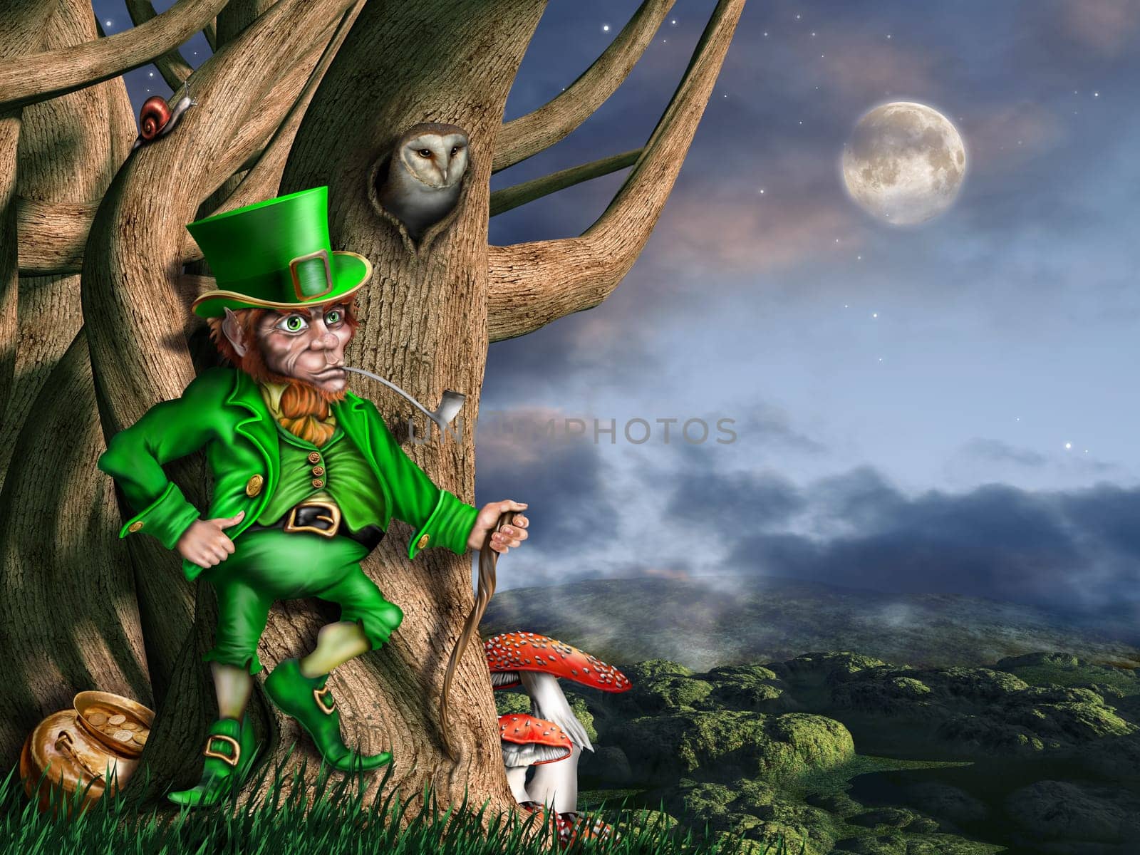 Illustration of a leprechaun with his pot of gold at night