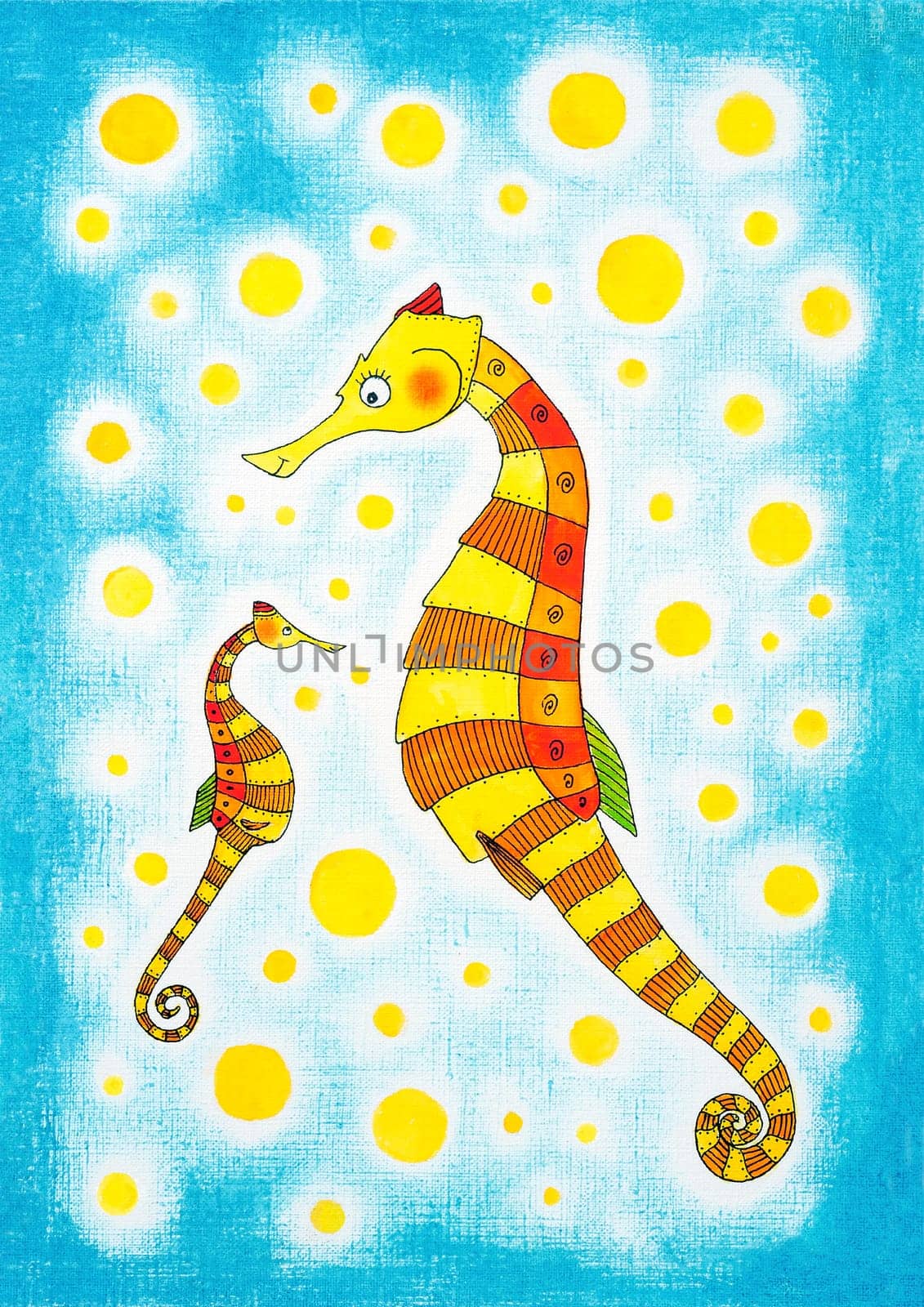 Seahorses, child's drawing, watercolor painting on paper