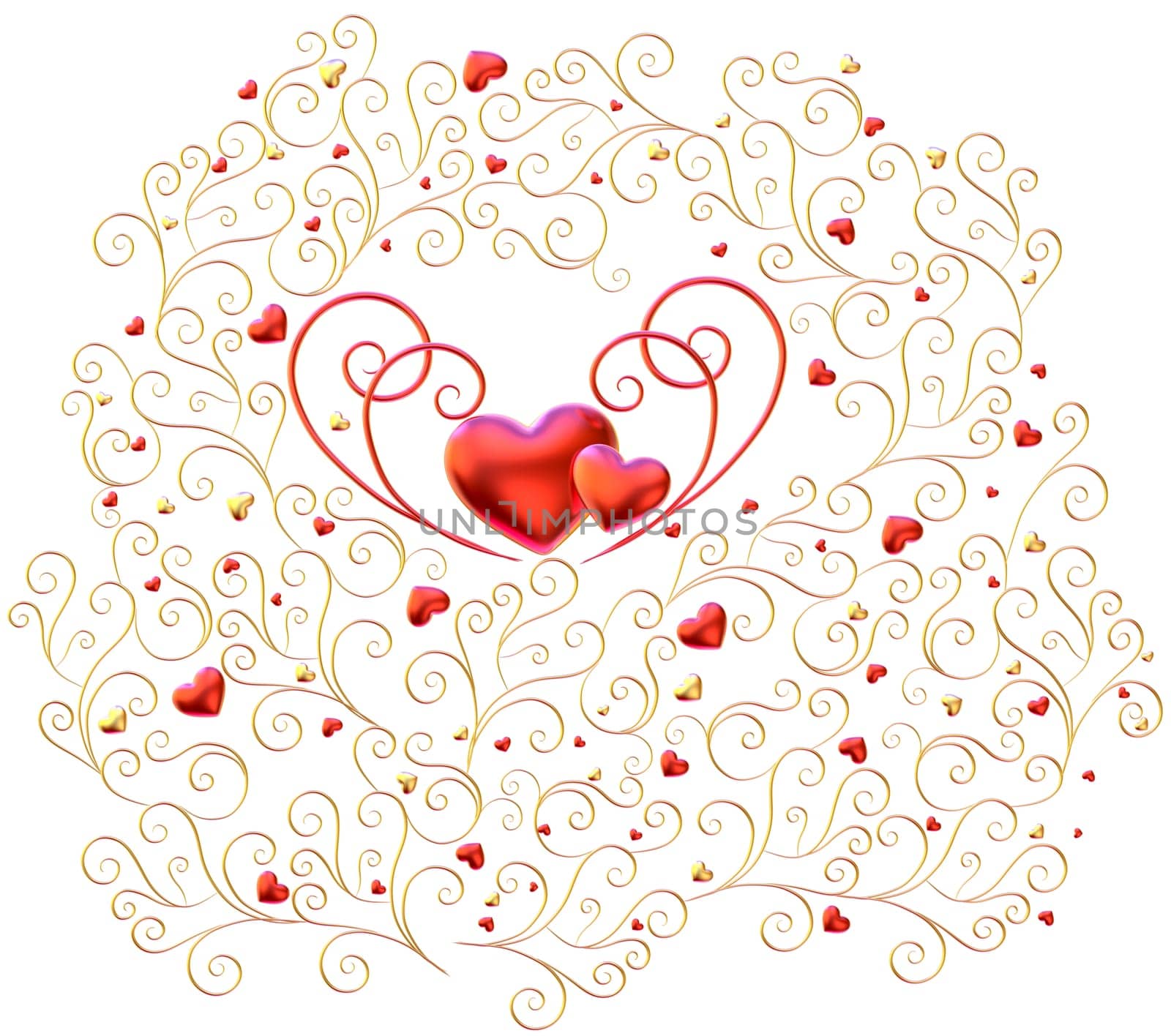 Beautiful golden curls branches with expensive ruby red hearts as decorative jewelry
