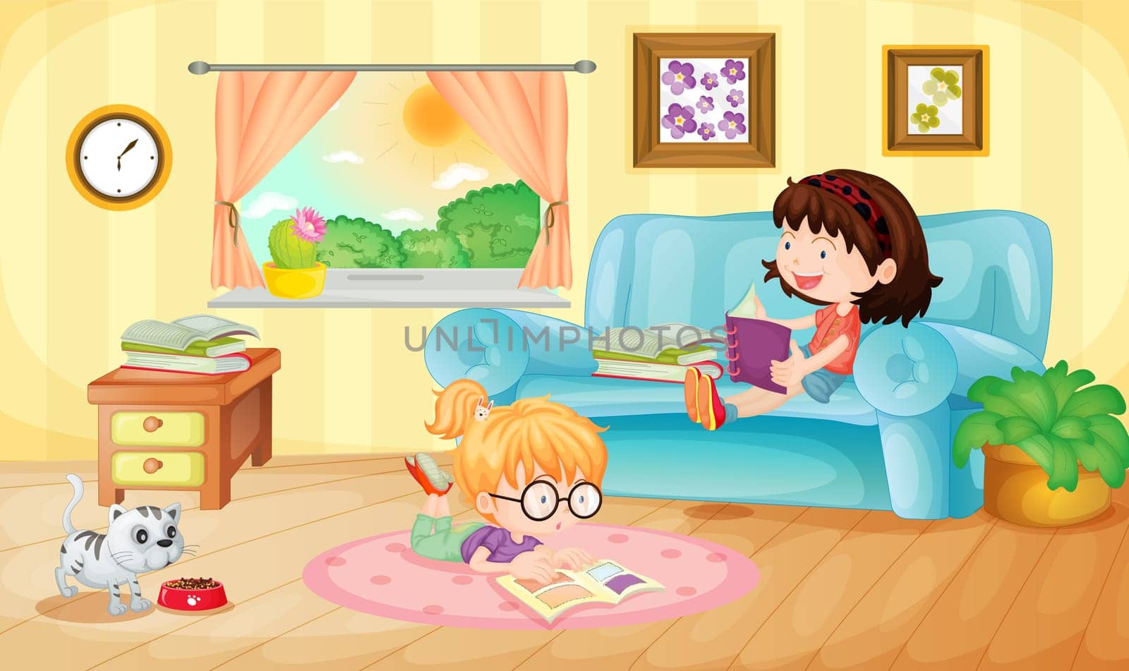 Illustration of girls reading at home