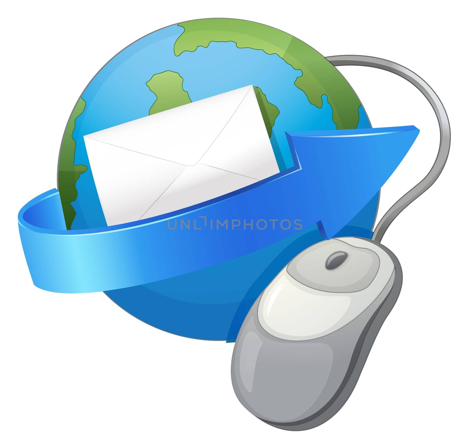 illustration of an earth, arrow, envelop and a mouse on a white background