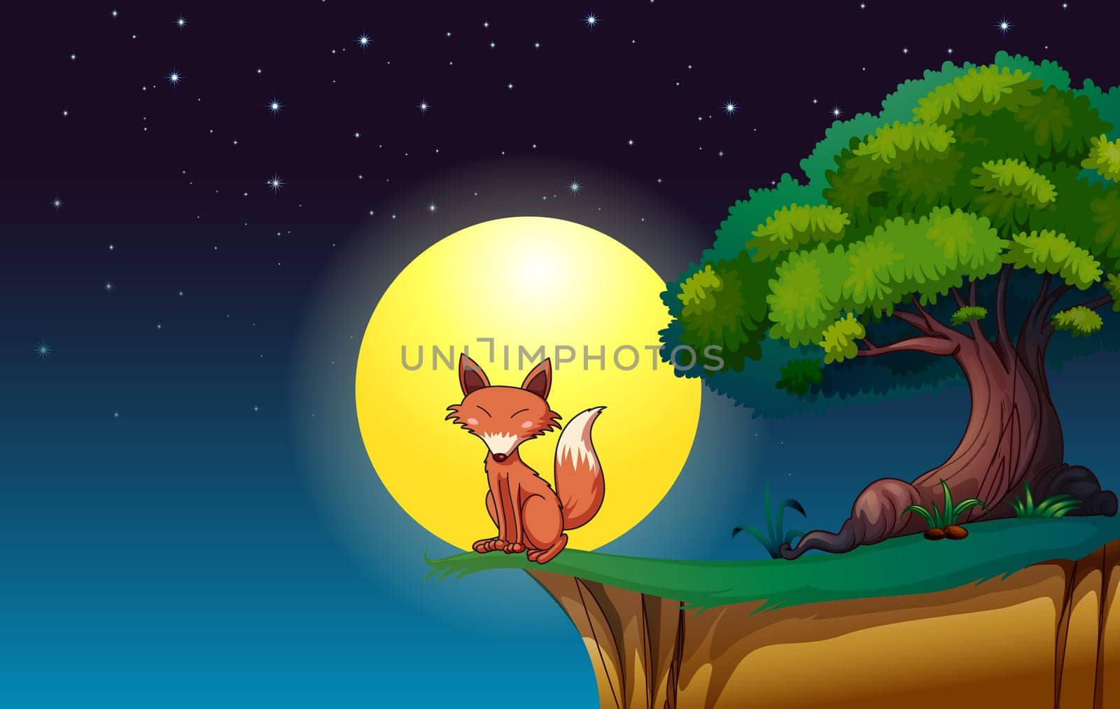 illustration of a fox in a dark night under a tree