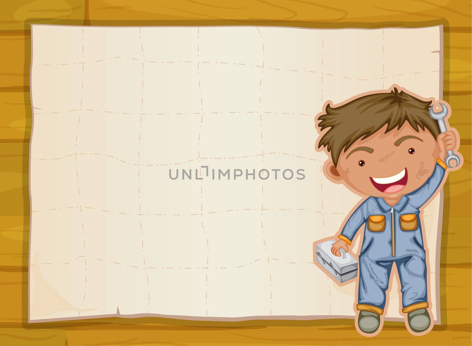 illustration of a boy and a paper sheet on a wooden background