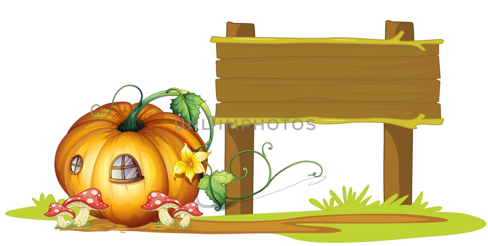 illustration of board and pumpkin house on white