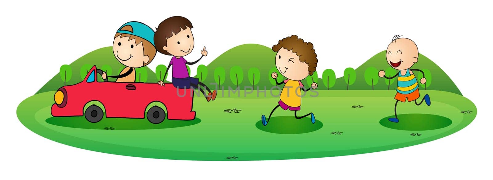 illustration of boys and car on a white background