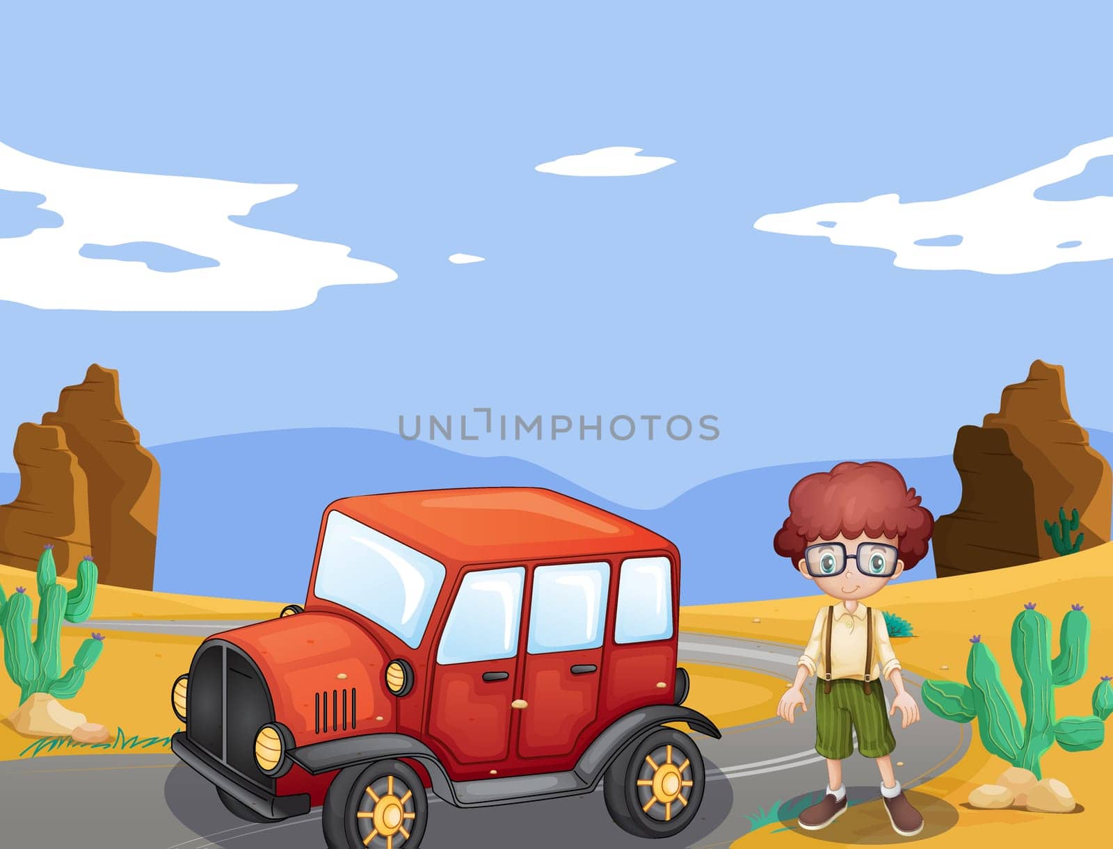 illustration of a jeep and boy in a nature