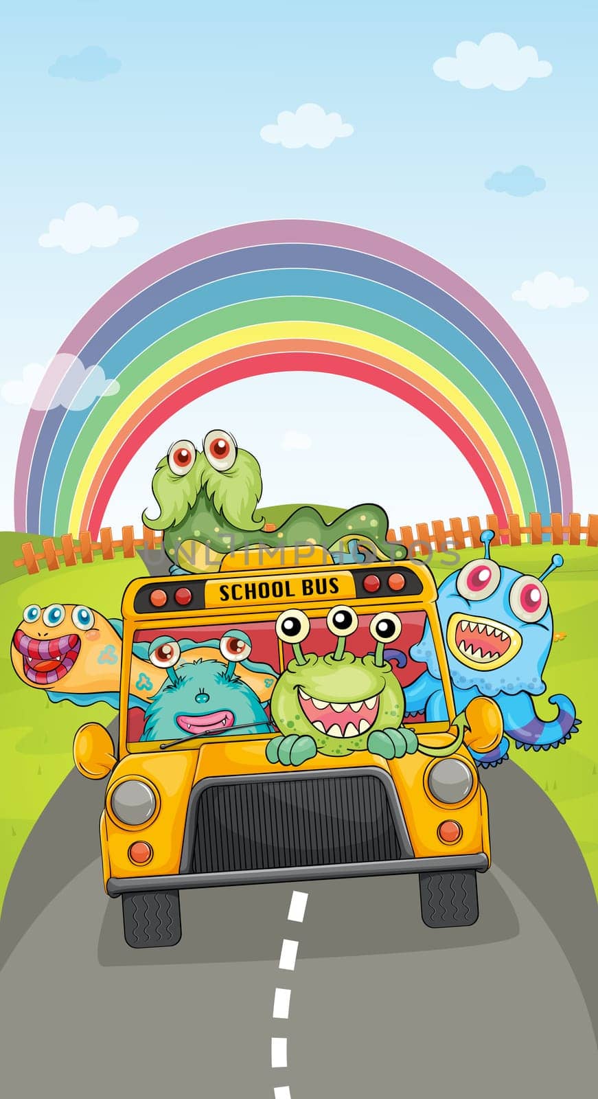 illustration of monsters, school bus and rainbow on a white background