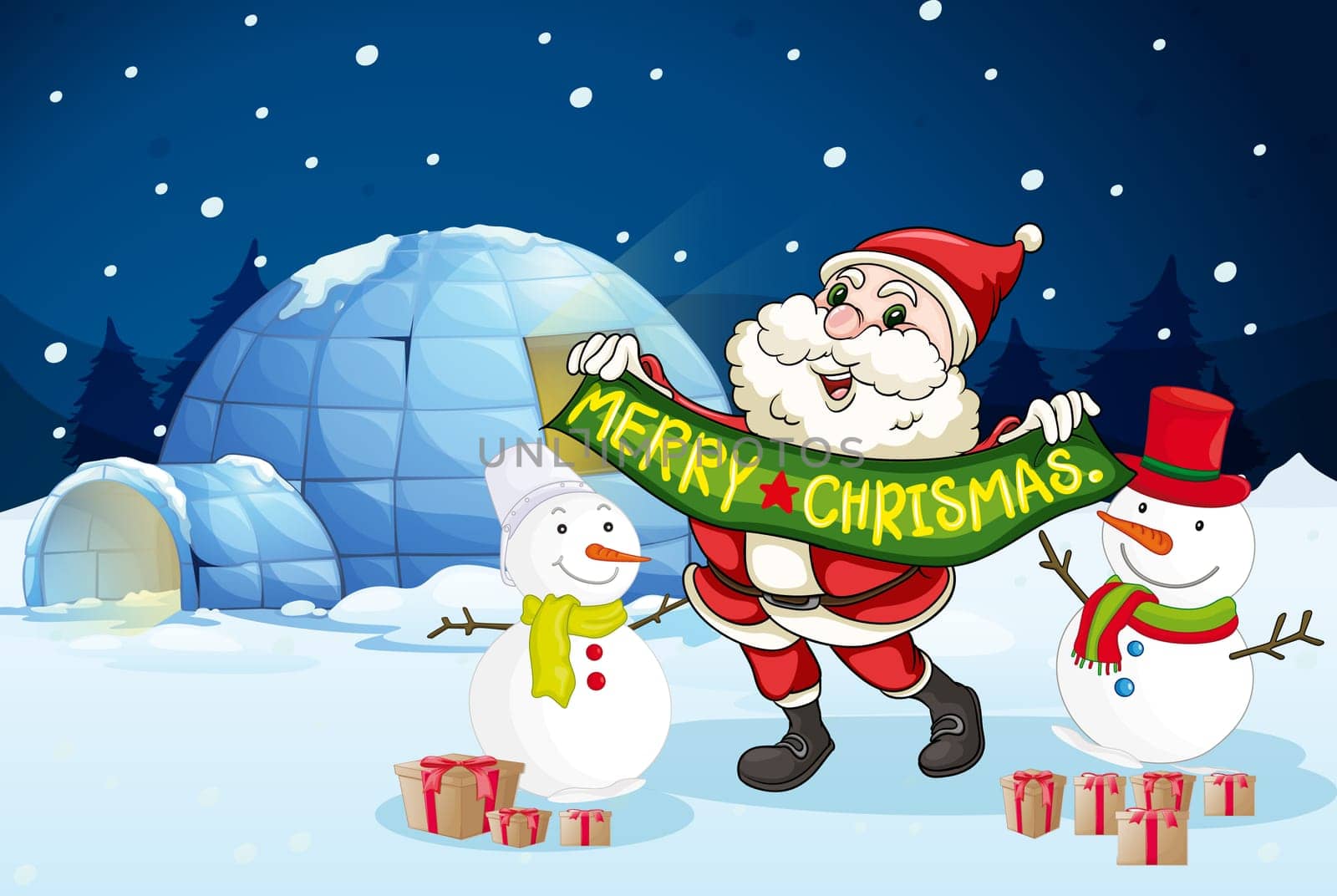 illustration of santa claus and gifts in night