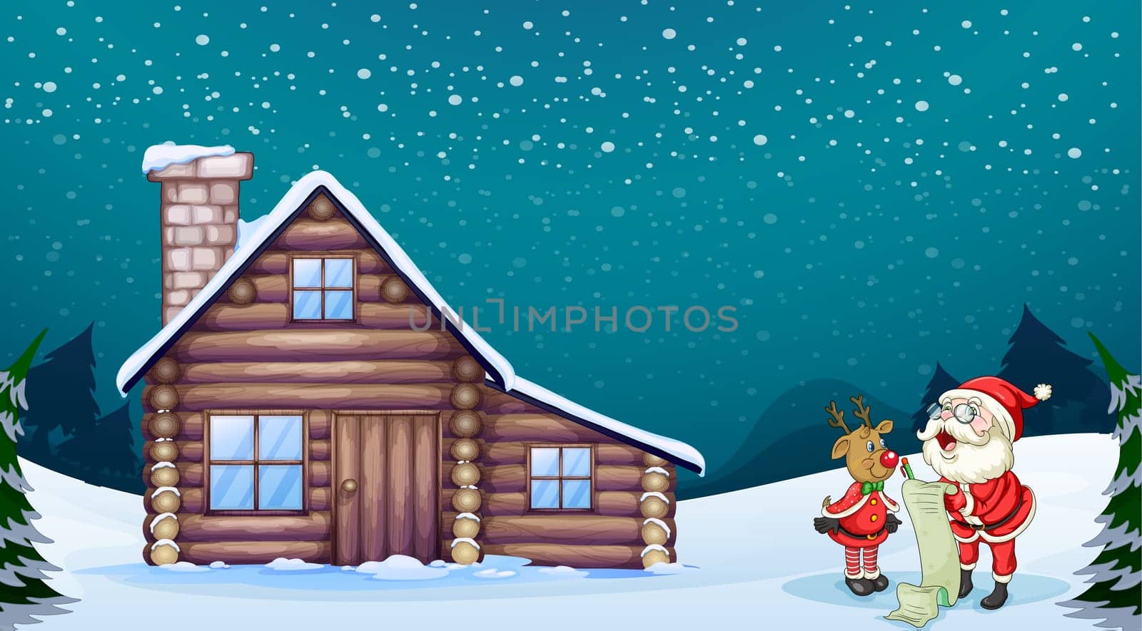 illustration of a santa claus and a reindeer in a beautiful nature
