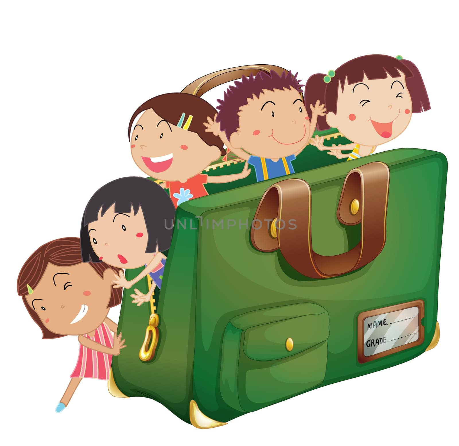 illustration of kids in a green bag