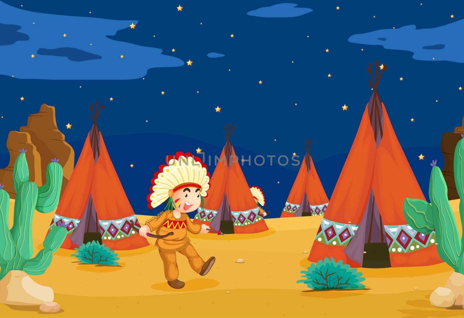 illustration of a tent house and a kid