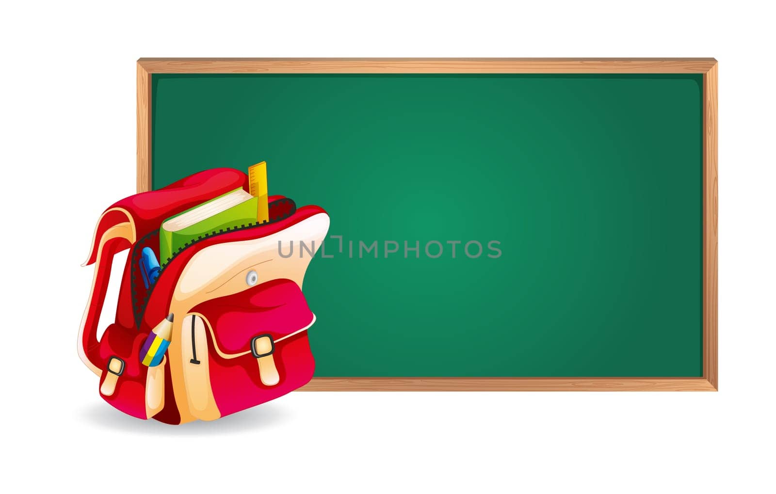 illustration of a green board and a school bag on a white background