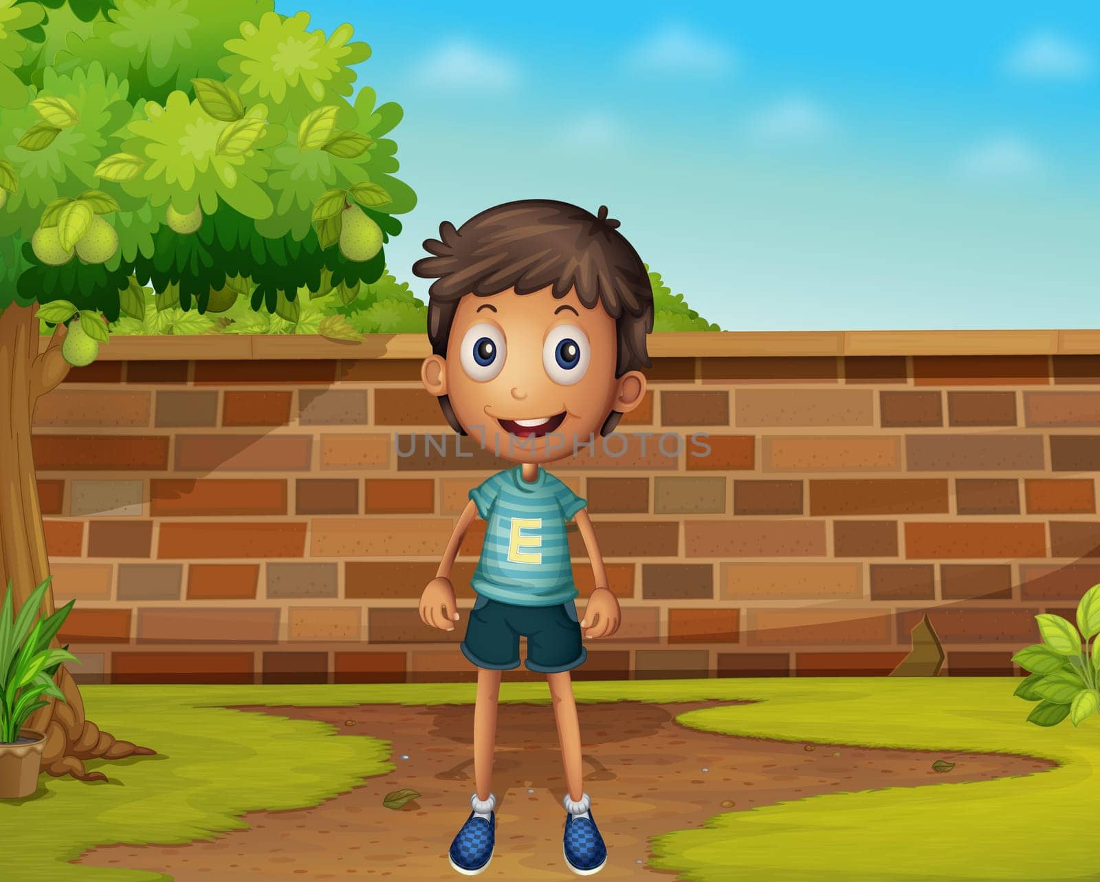 Illustration of a boy in the yard