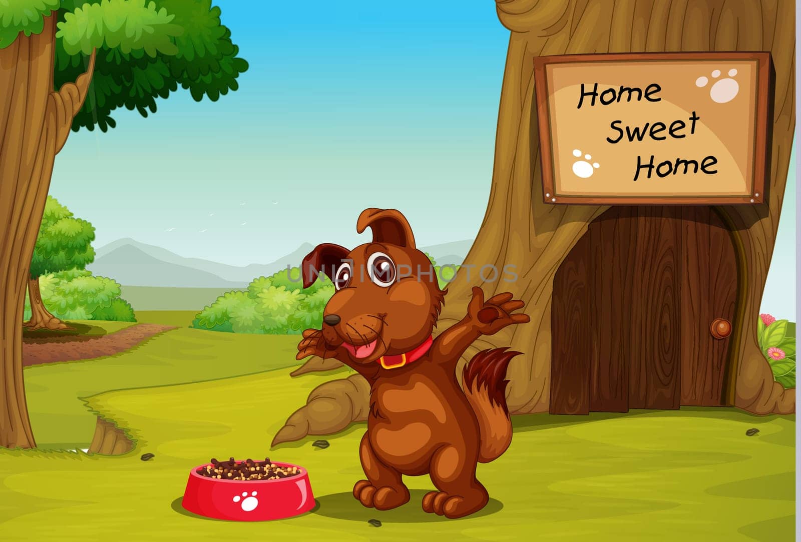 Illustration of dog in front of tree home