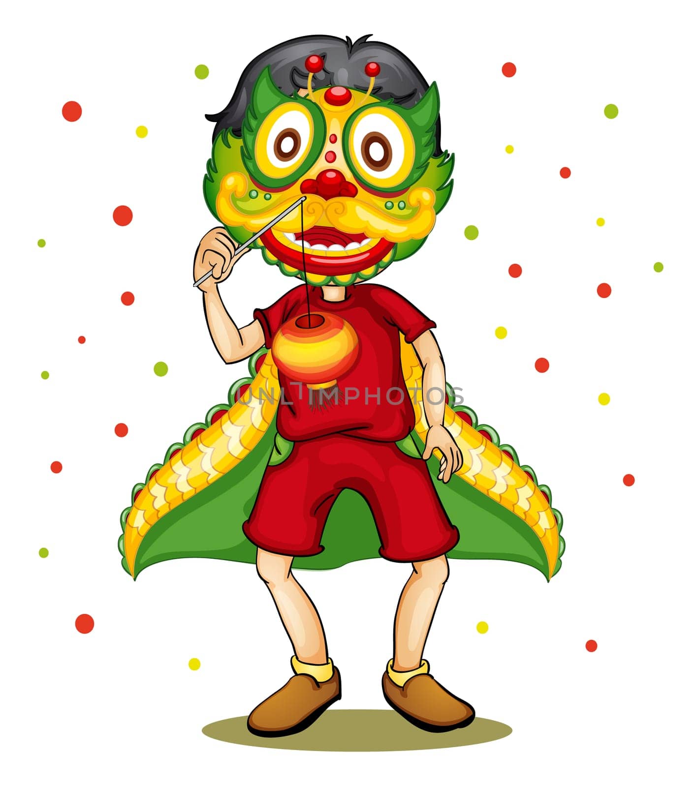 Illustration of a child wearing chinese dragon mask