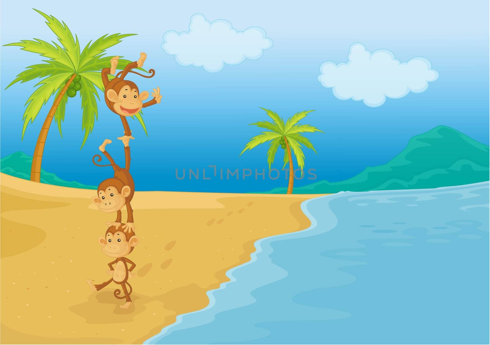 an illustration of monkeys playing on the beach