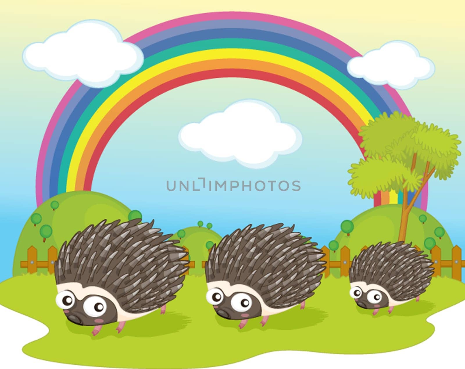 illustration of hedgehog on rainbow background