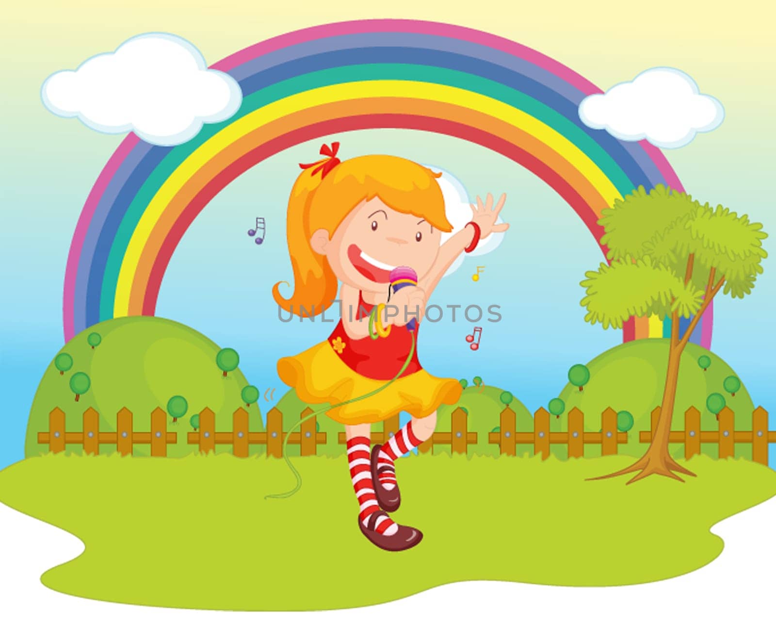 illustration of girl singing on backgound of rainbow