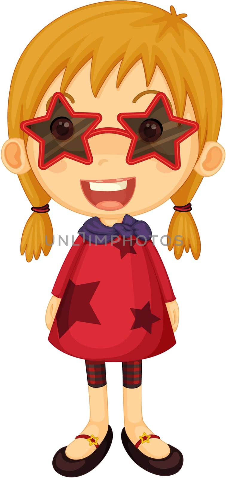 Illustration of a girl with star shaped sun glasses on white background