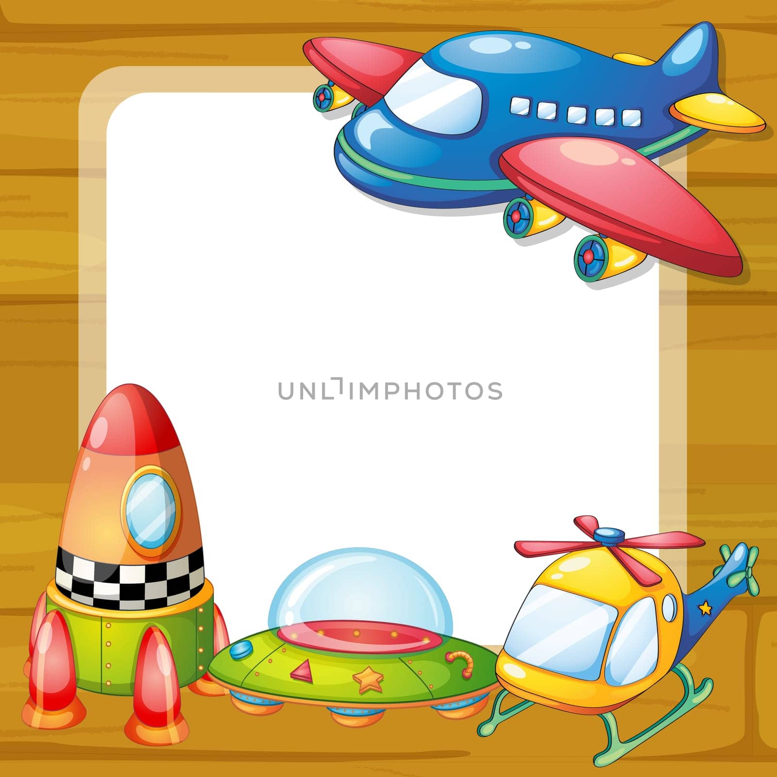 illustration of toys and a board on a white backgound