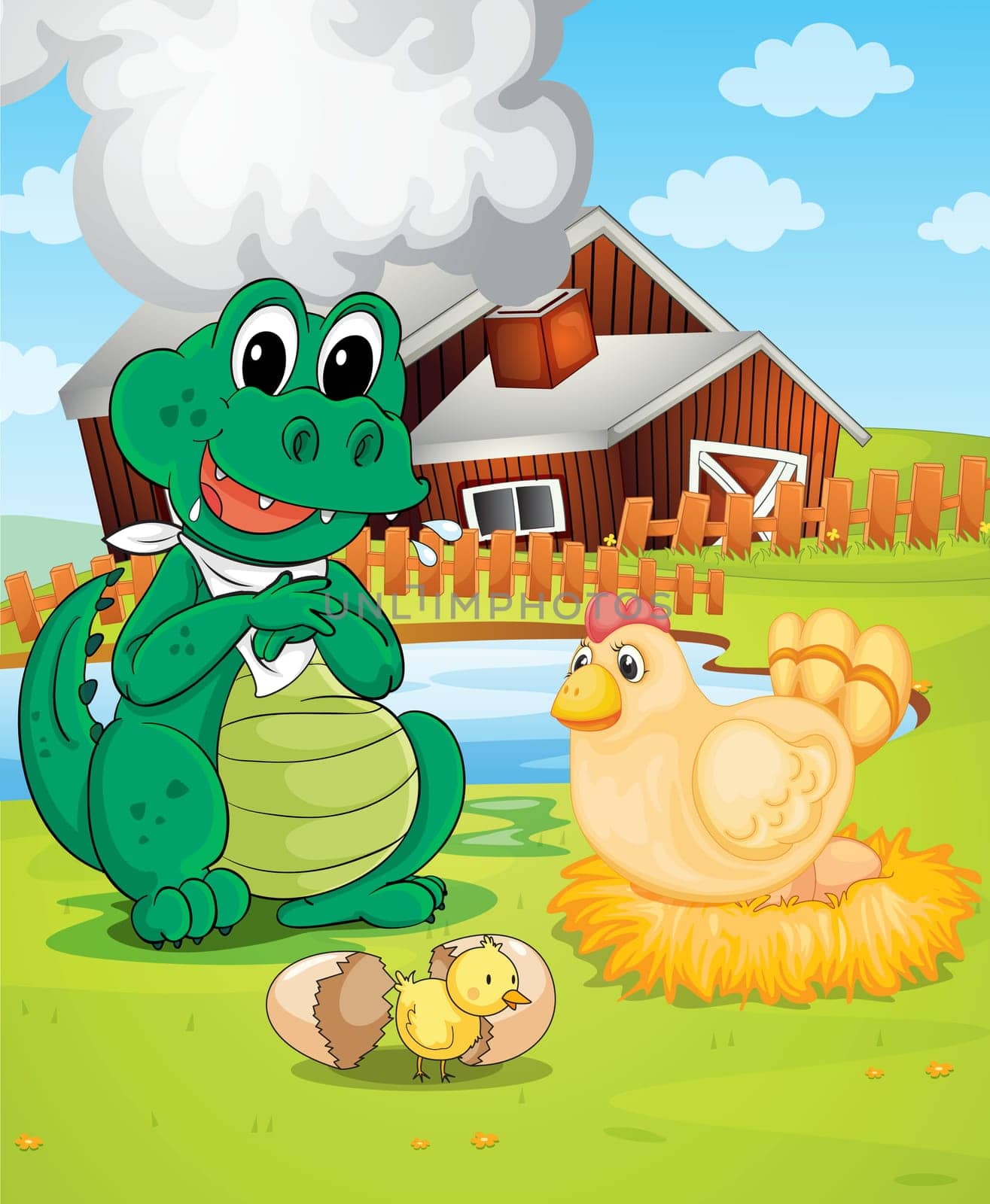 illustration of farm house, crocodile, hen and chicken