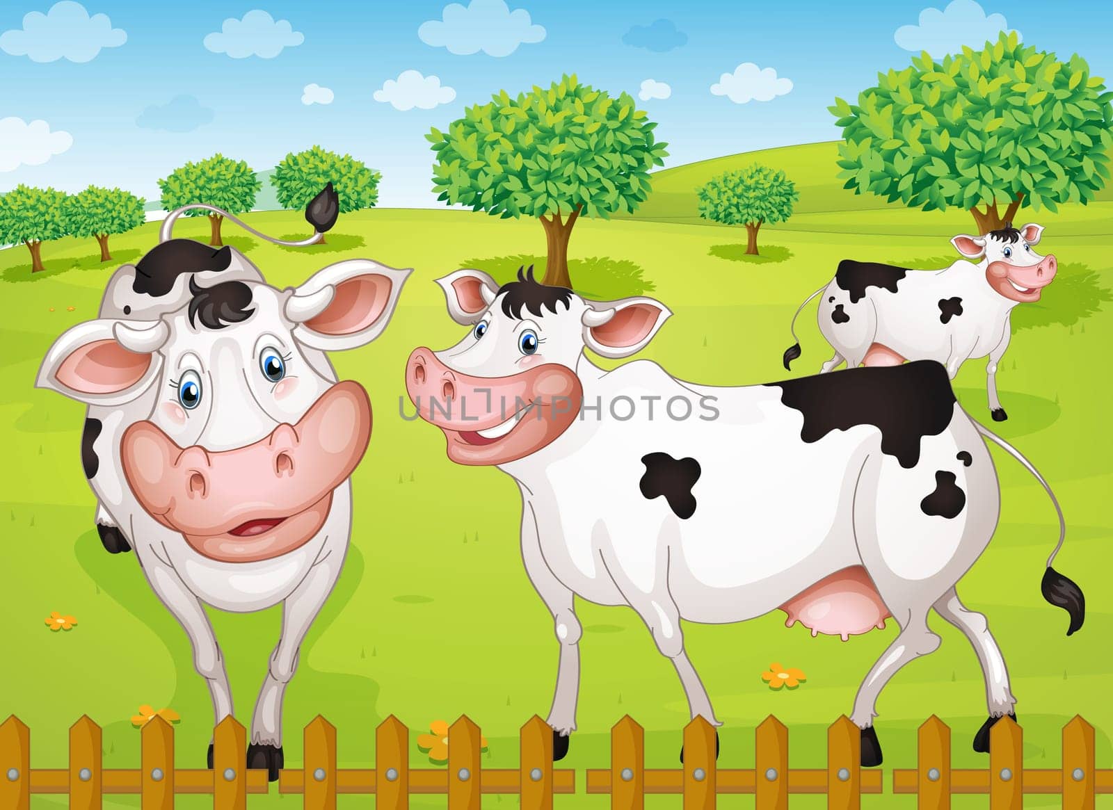illustrtion of cows grazing in green farm