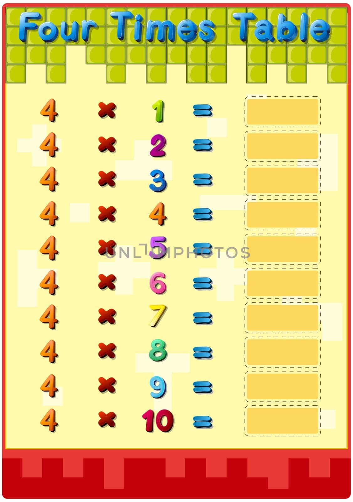 Worksheet of the 4 times tables