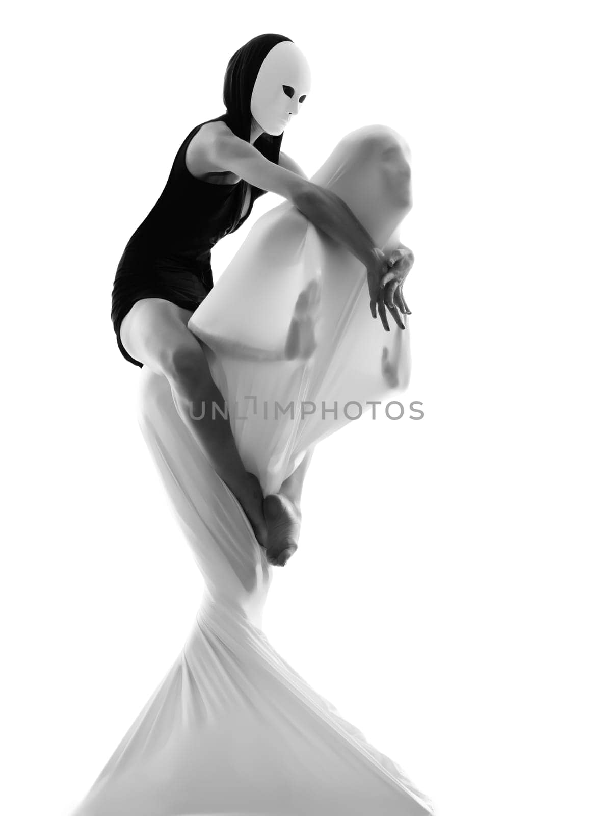 dancer performer mime with mask acting couple lovers conceptual in studio isolated on white background