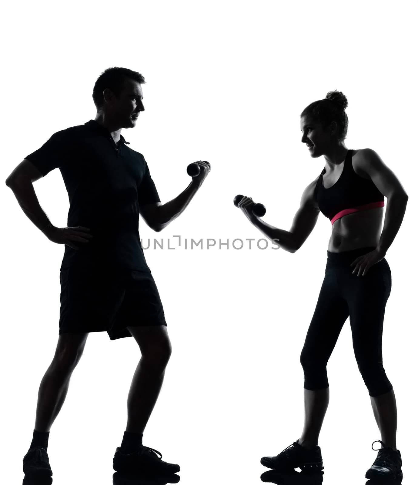 one couple man woman exercising workout aerobic fitness posture full length silhouette on studio isolated on white background