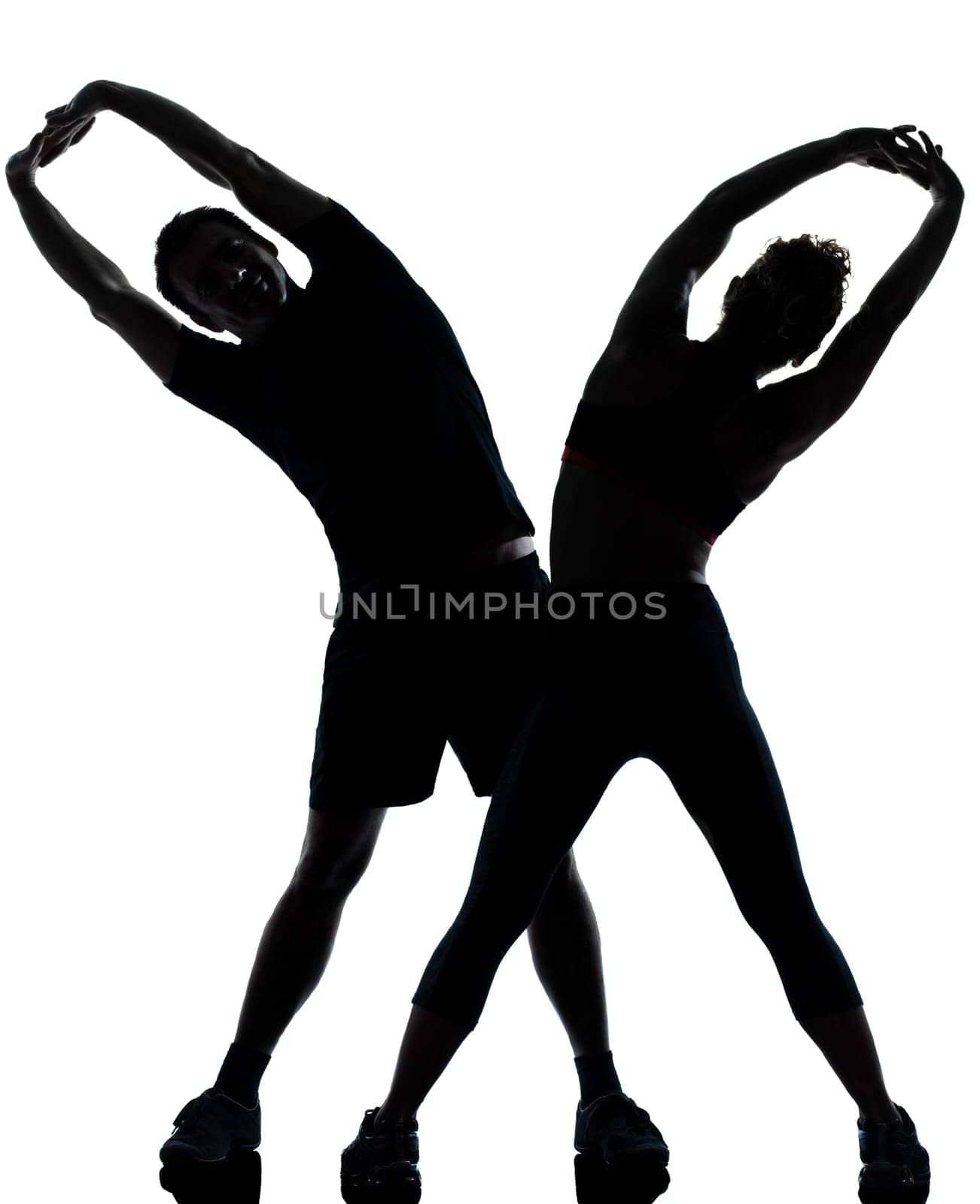 one couple man woman exercising workout aerobic fitness posture full length silhouette on studio isolated on white background