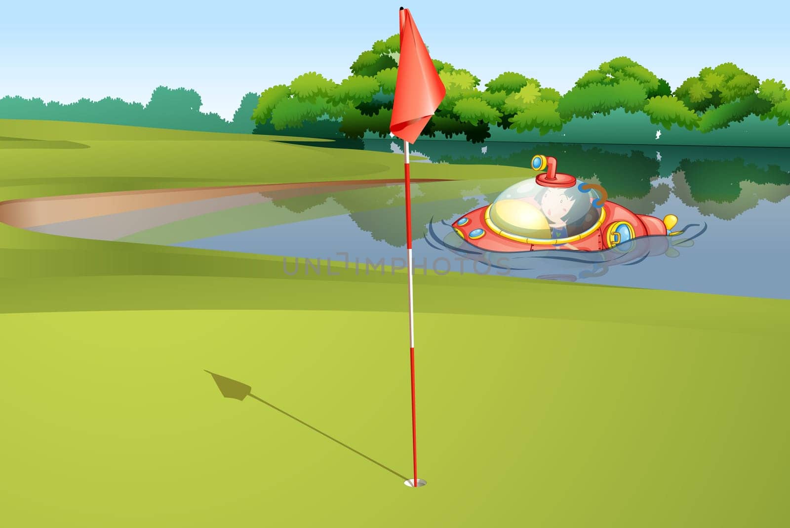 Illustration of  a submarine appearing at a golf course