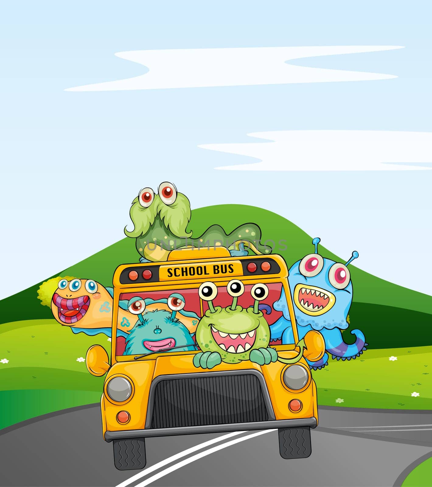 illustration of monsters in schoolbus on road