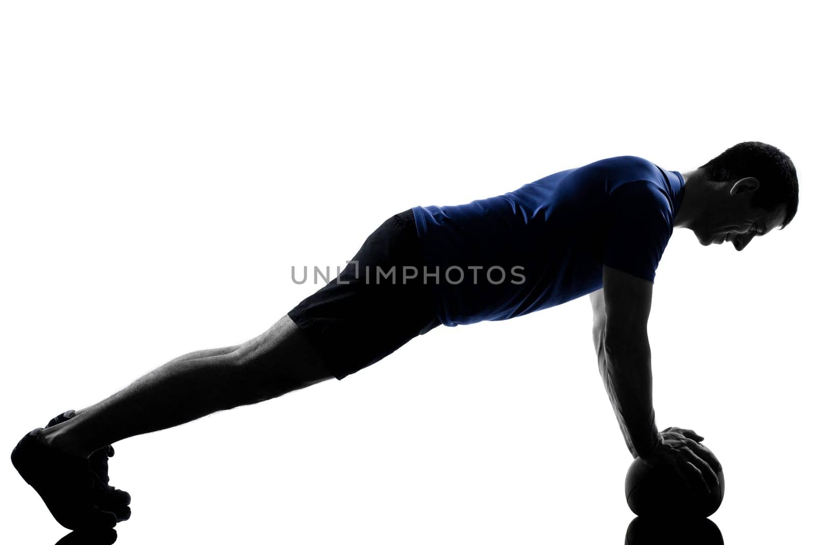 man exercising push ups workout fitness aerobics posture in silhouette studio isolated on white background