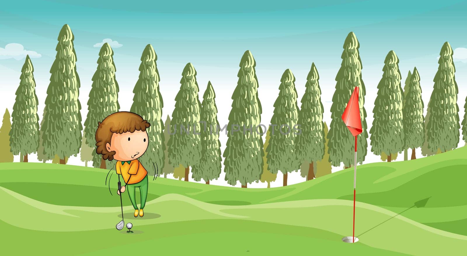 illustration of a boy playing golf in a beautiful nature