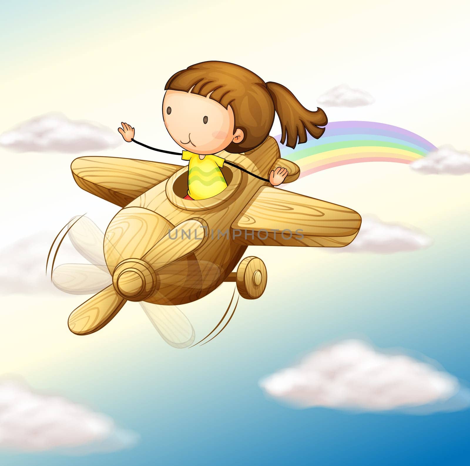 illustration of a airplane and girl in a beautiful sky