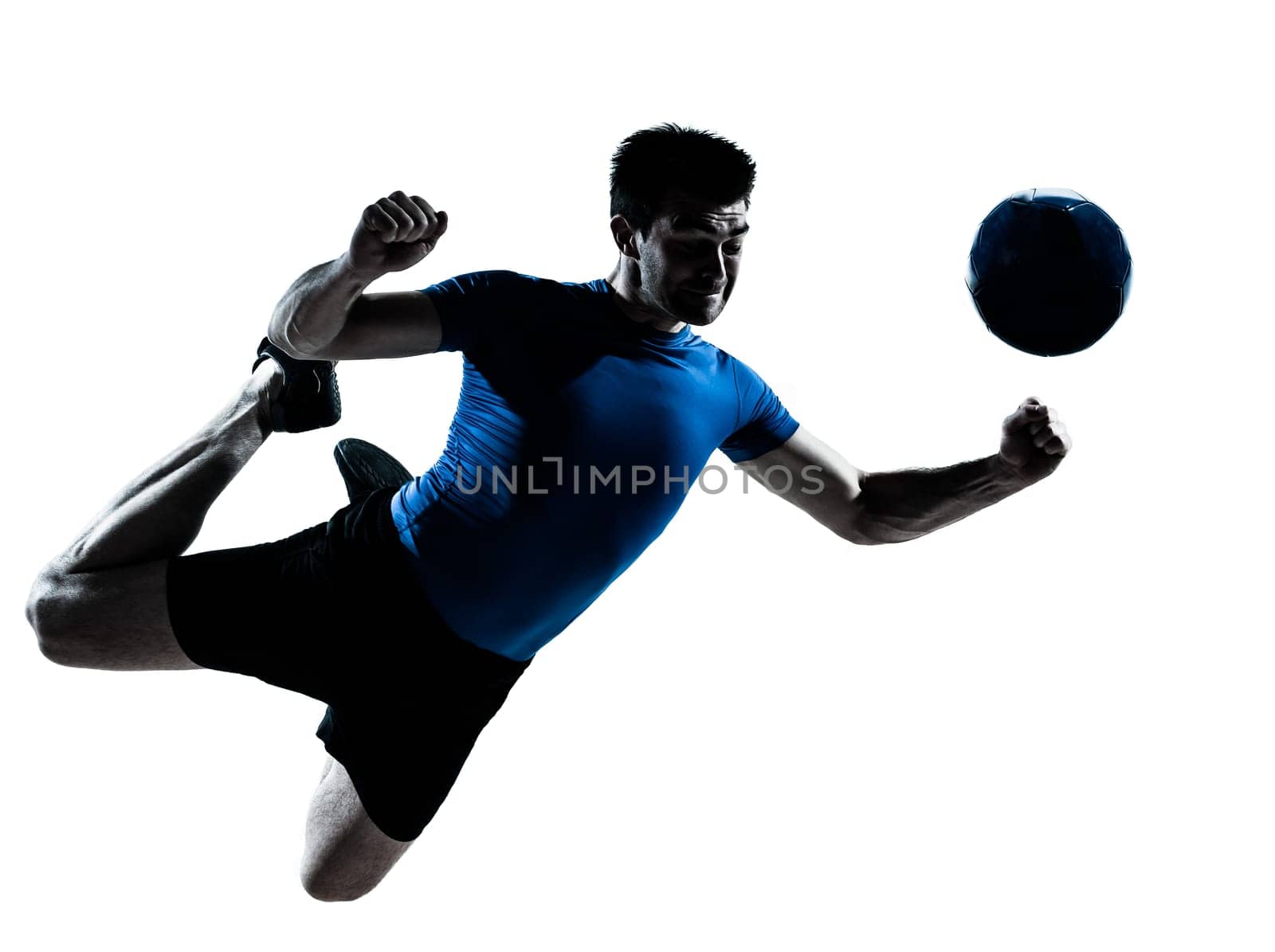 one caucasian man heading playing soccer football player silhouette  in studio isolated on white background